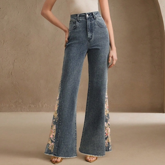 Boho Dark Wash Floral Embroidered Wide Leg Denim Jeans - Picture 2 of 6